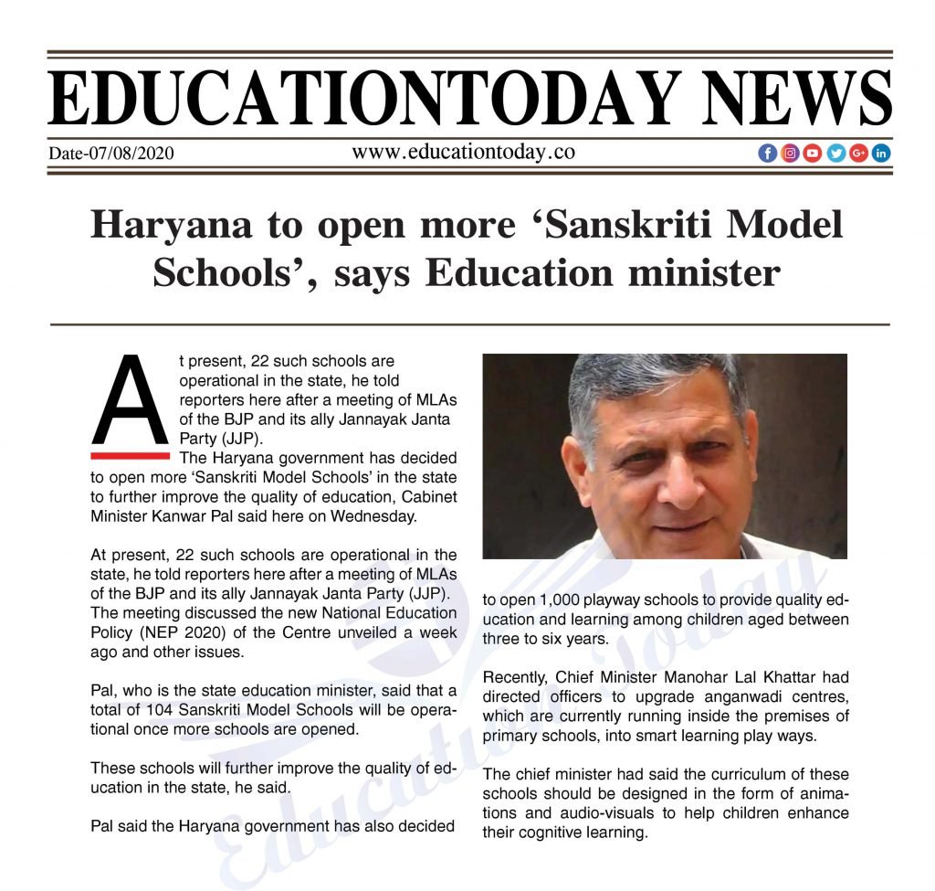 Haryana to open more ‘Sanskriti Model Schools’, says Education minister