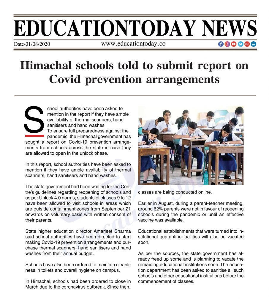 Himachal schools told to submit report on Covid prevention arrangements