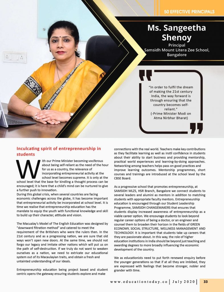 Effective Principals 2020 | Ms. Sangeetha Shenoy, Principal of Samsidh Mount Litera Zee School