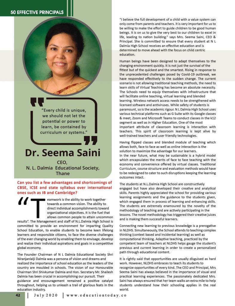 Effective Principals 2020 | Dr. Seema Saini, CEO of N. L. Dalmia Educational Society