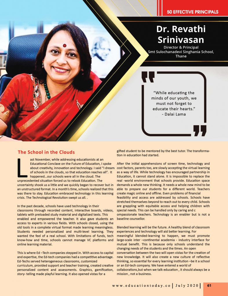 Effective Principals 2020 | Dr. Revathi Srinivasan, director & Principal of Smt Sulochanadevi Singhania School