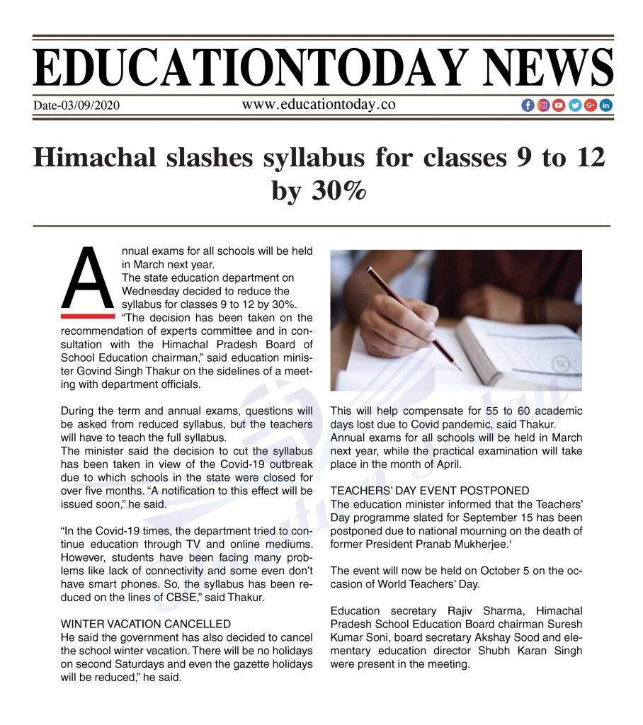 Himachal slashes syllabus for classes 9 to 12 by 30%