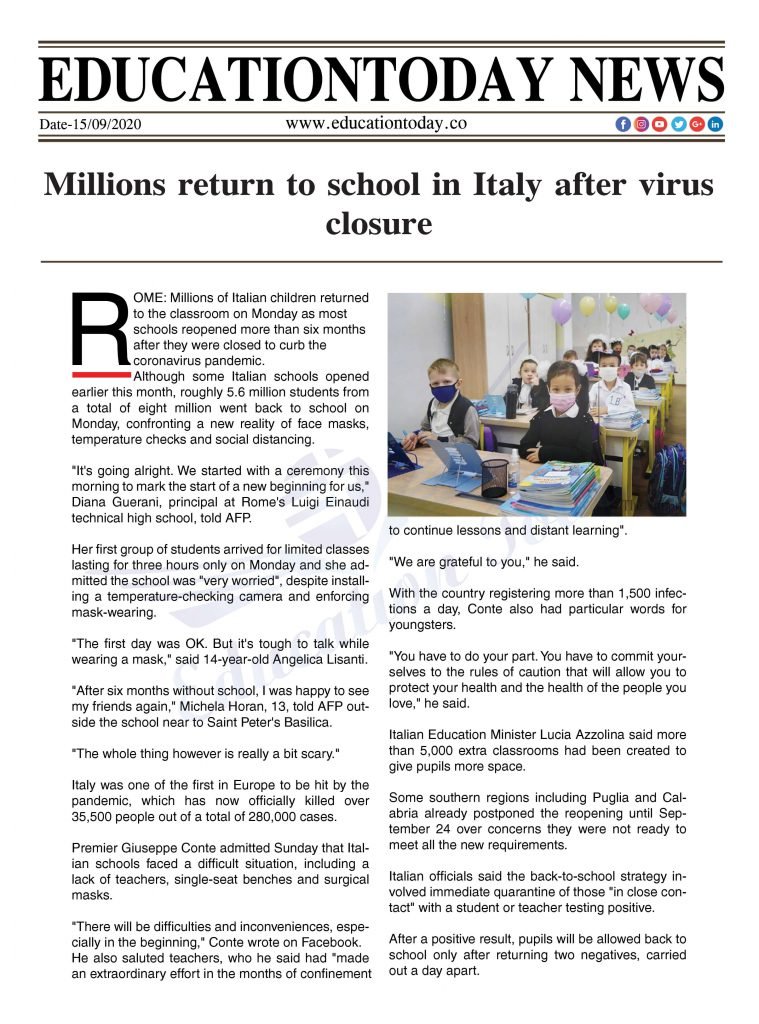 Millions return to school in Italy after virus closure