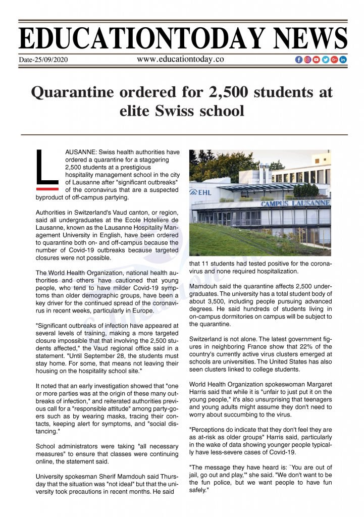 Quarantine ordered for 2,500 students at elite Swiss school