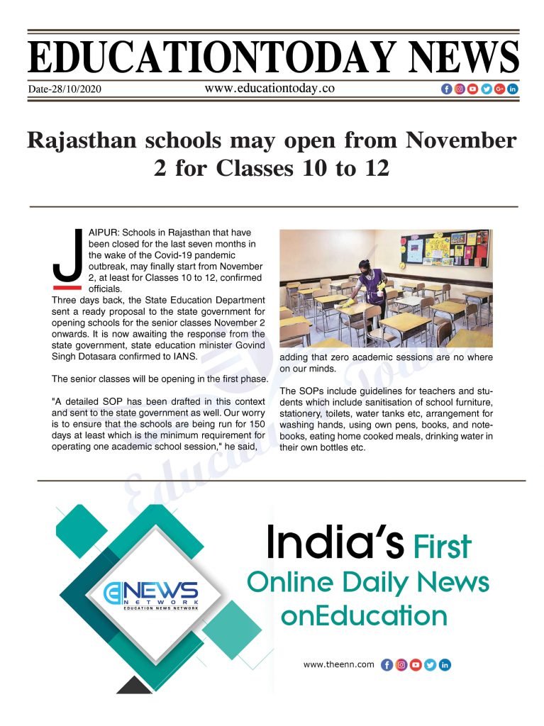 Rajasthan schools may open from November 2 for Classes 10 to 12