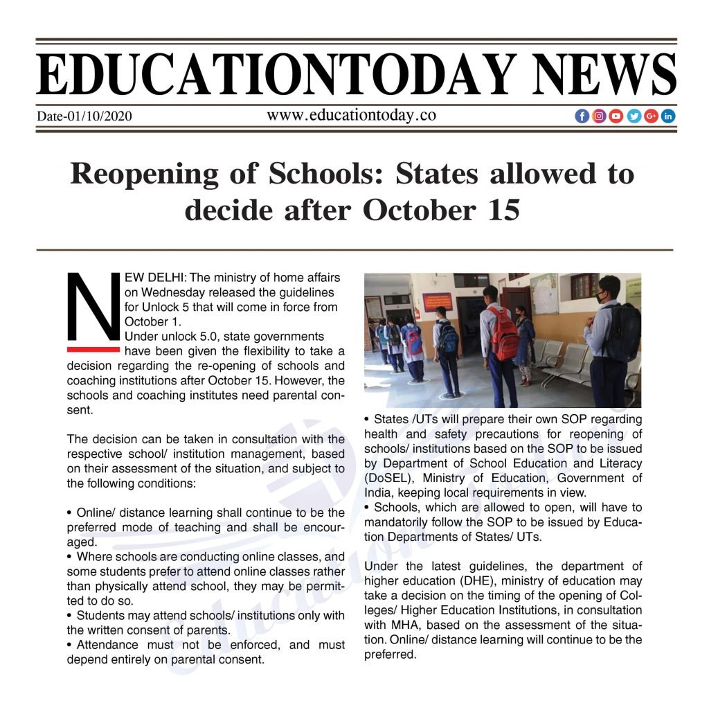 Reopening of Schools: States allowed to decide after October 15