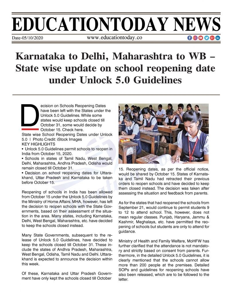 Karnataka to Delhi, Maharashtra to WB – State wise update on school reopening date under Unlock 5.0 Guidelines