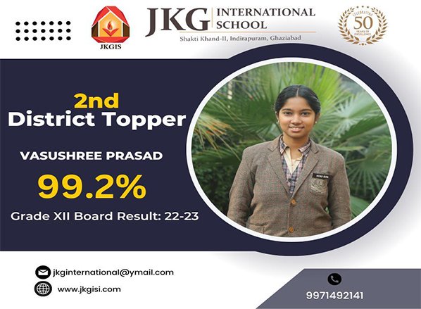 Vasushree Prasad, 2nd District Topper Created Significant Milestone for JKG International School in Grade XII Board Result 2022-23